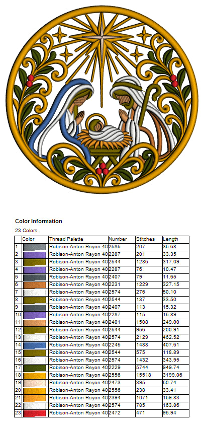 Nativity Scene Mary Joseph And Baby Jesus Ornate Circle Christmas Machine Embroidery Design - Applique