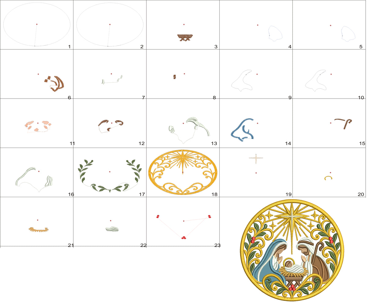 Nativity Scene Mary Joseph And Baby Jesus Ornate Circle Christmas Machine Embroidery Design - Applique