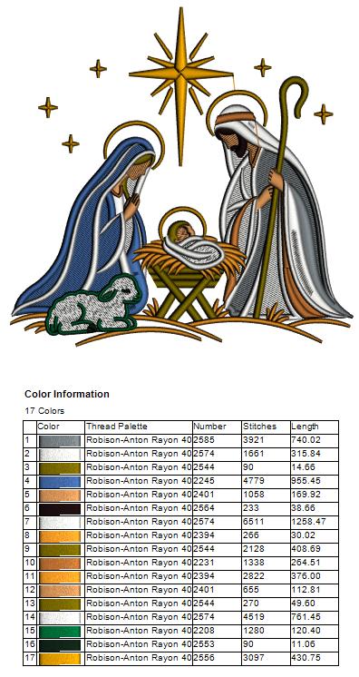 Nativity Scene Machine Embroidery Design With Baby Jesus - Filled Pattern