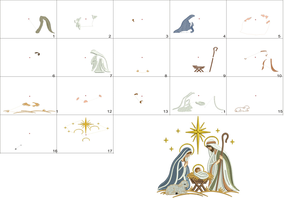 Nativity Scene Machine Embroidery Design With Baby Jesus - Filled Pattern