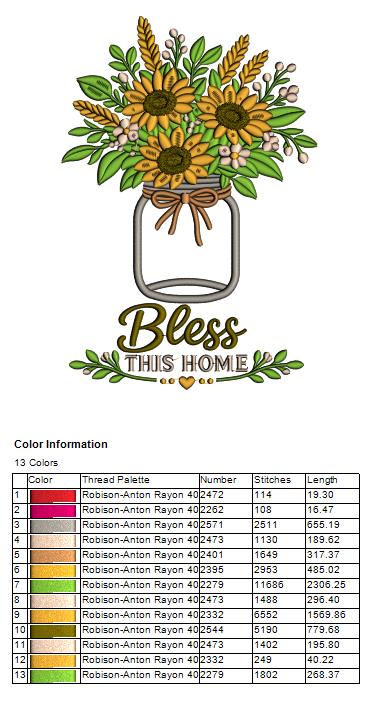Bless This House Sunflowers Applique Machine Embroidery Design Digitized Pattern