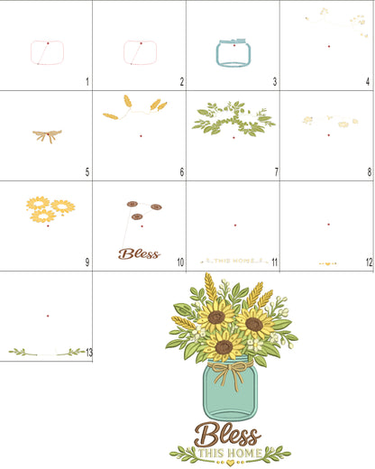 Bless This House Sunflowers Applique Machine Embroidery Design Digitized Pattern