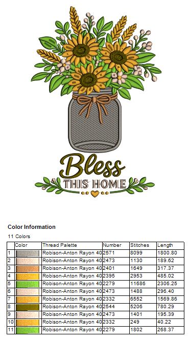 Bless This House Sunflowers Filled Machine Embroidery Design Digitized Pattern