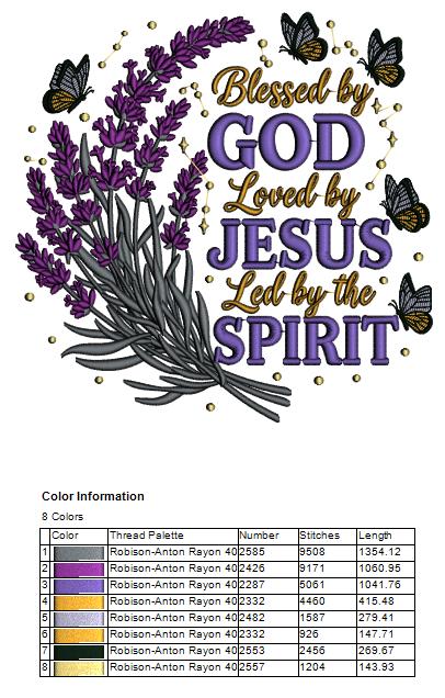 Blessed by God Loved by Jesus Led by the Spirit Machine Embroidery Design – Christian Religious Saying Filled Pattern