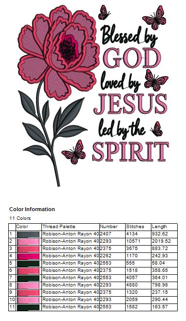 Blessed By Love Loved By Jesus Led By The Spirit Flower and Butterflies Religious Applique Machine Embroidery Design Digitized Pattern