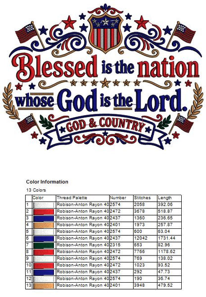 Blessed Is the Nation Whose God Is the Lord God and Country Patriotic Independence Day 4th of July Filled Machine Embroidery Design Digitized Pattern