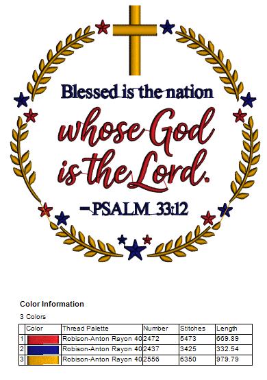 Blessed Is the Nation Whose God Is the Lord Psalm 33:12 Patriotic Religious Filled Machine Embroidery Design Digitized Pattern