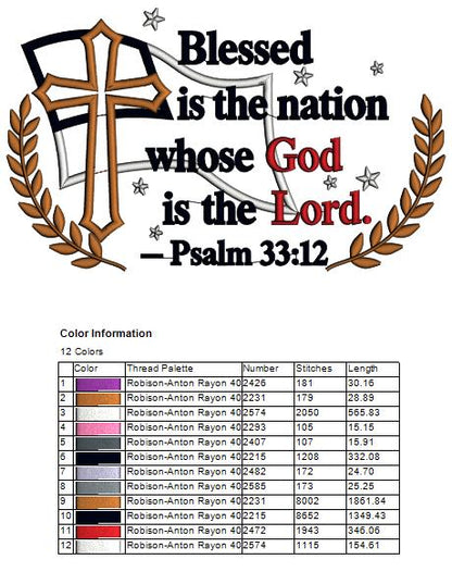 Blessed Is The Nation Whose God Is The Lord Psalm 33-12 Cross And American Flag Patriotic Religious Bible Verse Applique Machine Embroidery Design Digitized Pattern