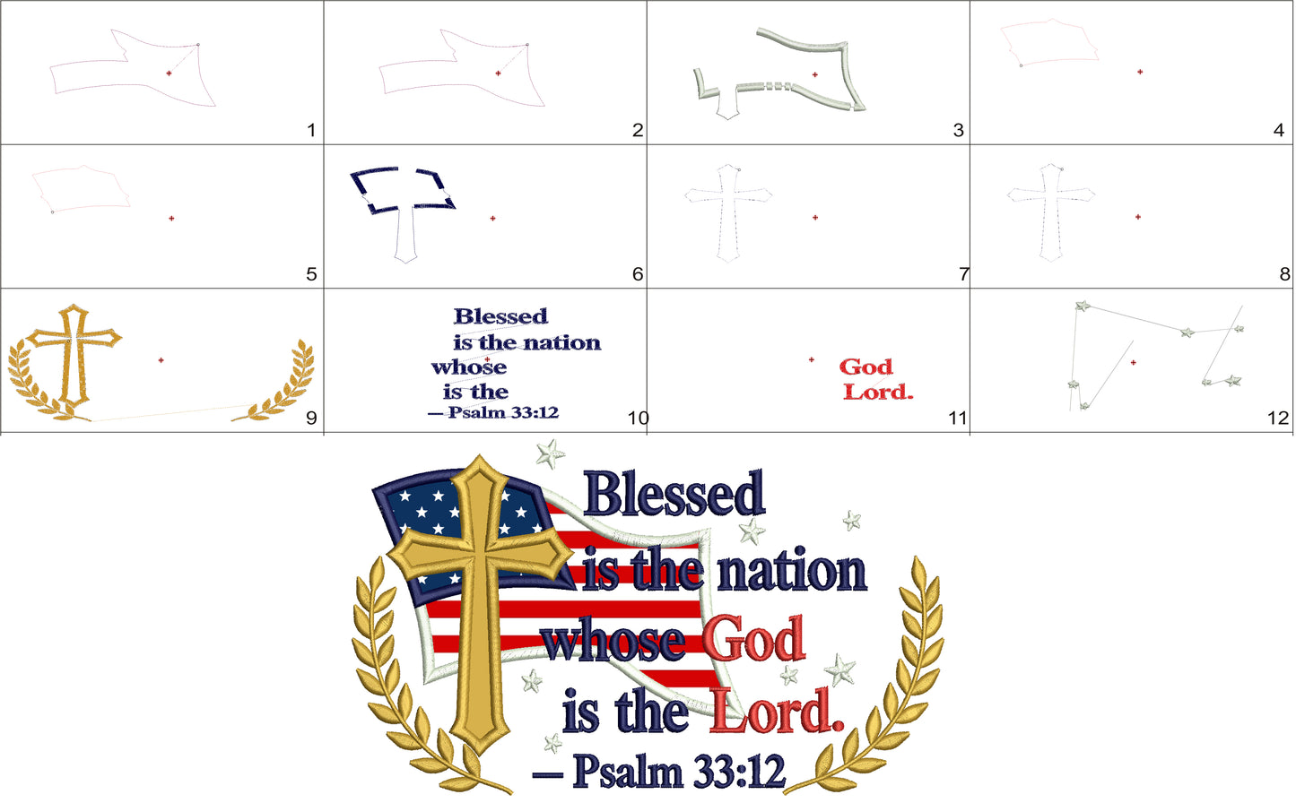 Blessed Is The Nation Whose God Is The Lord Psalm 33-12 Cross And American Flag Patriotic Religious Bible Verse Applique Machine Embroidery Design Digitized Pattern