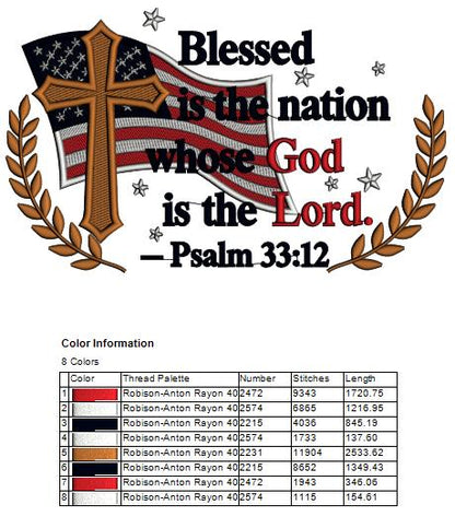 Blessed Is The Nation Whose God Is The Lord Psalm 33-12 Cross And American Flag Patriotic Religious Bible Verse Filled Machine Embroidery Design Digitized Pattern