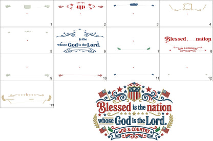 Blessed Is the Nation Whose God Is the Lord God and Country Patriotic Independence Day 4th of July Filled Machine Embroidery Design Digitized Pattern
