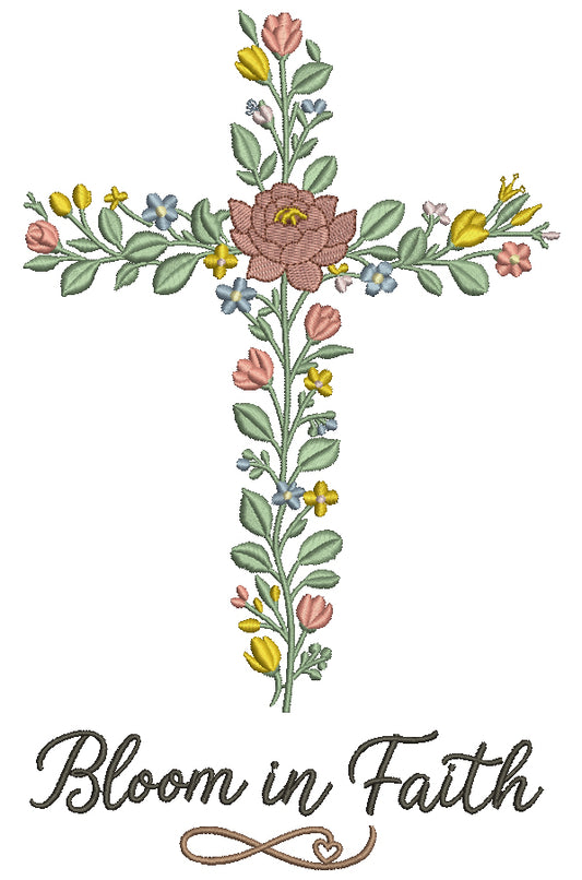 Bloom in Faith Cross With Flowers Filled Machine Embroidery Design Digitized Pattern