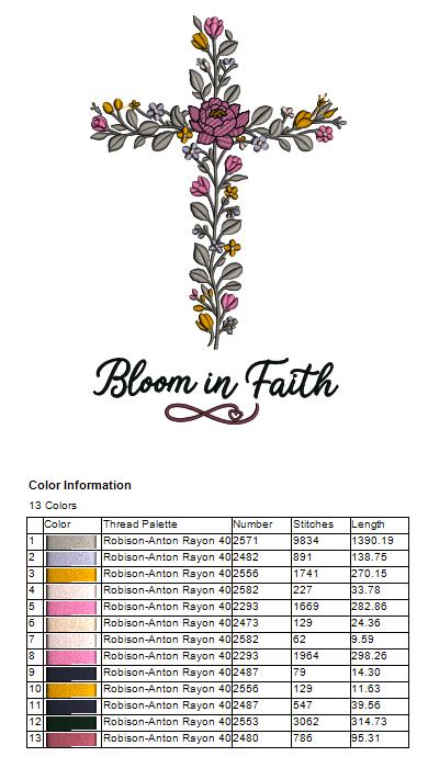 Bloom in Faith Cross With Flowers Filled Machine Embroidery Design Digitized Pattern