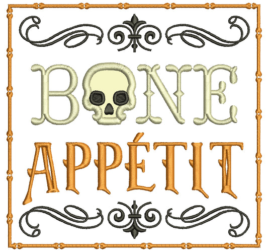 Bone Appétit Skull Halloween Applique Machine Embroidery Design Digitized Pattern