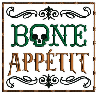 Bone Appétit Skull Halloween Applique Machine Embroidery Design Digitized Pattern