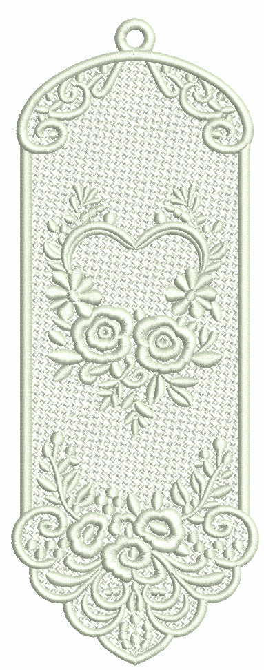 Free-Standing Lace (FSL) Bookmark With Heart And Flowers Machine Embroidery Design - Filled