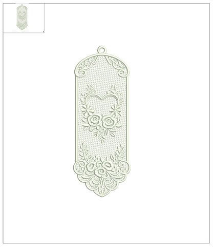 Free-Standing Lace (FSL) Bookmark With Heart And Flowers Machine Embroidery Design - Filled
