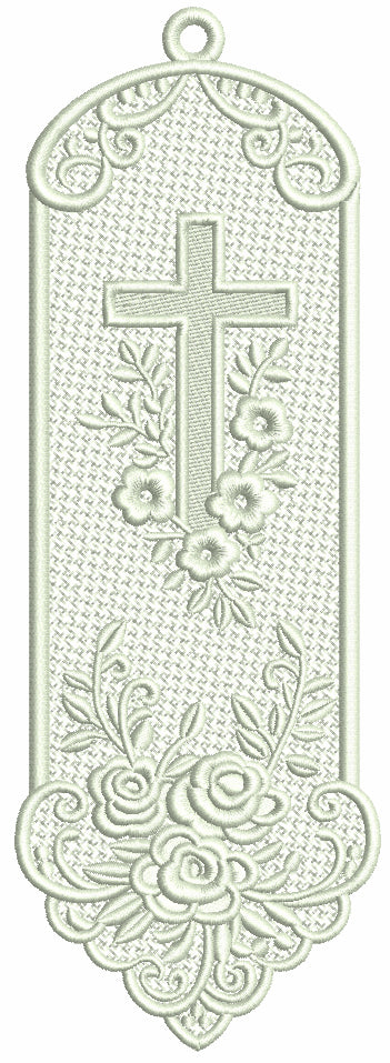 Free-Standing Lace (FSL) Bookmark With Cross and Flowers Machine Embroidery Design - Filled