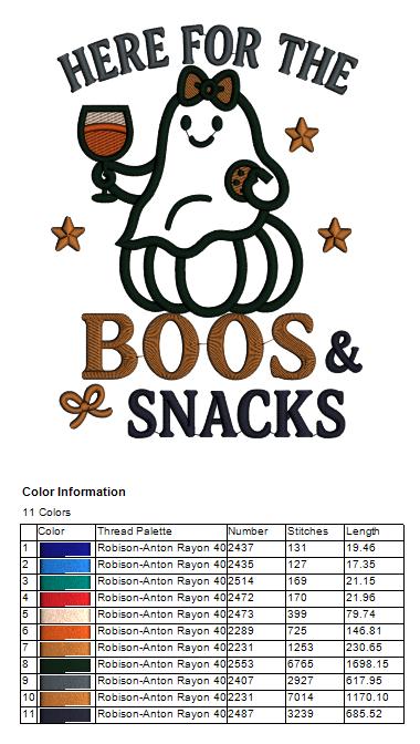 Ghost Halloween Machine Embroidery Design. Here For The Boos And Snacks. Applique Pattern