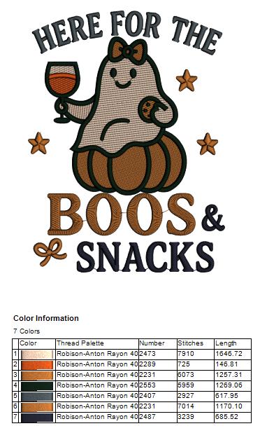 Ghost Halloween Machine Embroidery Design. Here For The Boos And Snacks. Filled Pattern