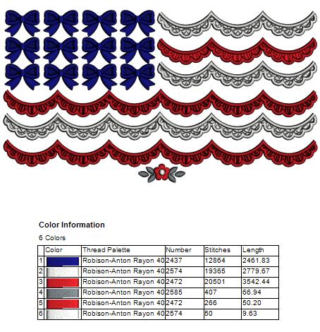 American Flag with Scalloped Trim and Bows Patriotic Filled Machine Embroidery Design Digitized Pattern