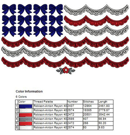 American Flag with Scalloped Trim and Bows Patriotic Filled Machine Embroidery Design Digitized Pattern