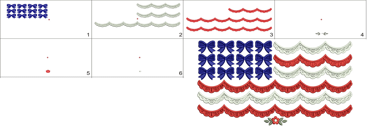 American Flag with Scalloped Trim and Bows Patriotic Filled Machine Embroidery Design Digitized Pattern