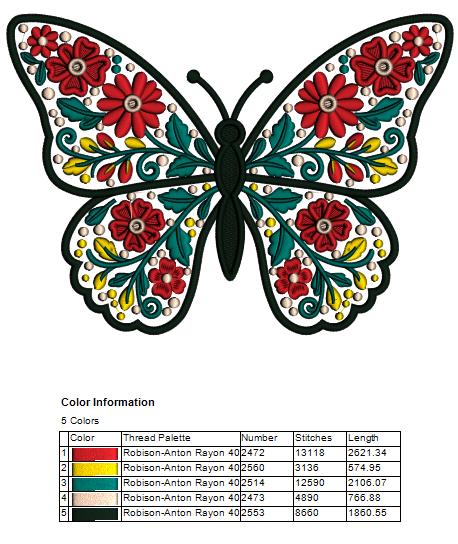 Ornate Butterfly With Flowers Filled Machine Embroidery Design Digitized Pattern