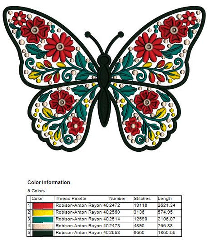 Ornate Butterfly With Flowers Filled Machine Embroidery Design Digitized Pattern