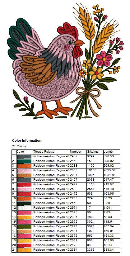 🐔🌸🌾 Cute Chicken With Flowers and Wheat – Filled Machine Embroidery Design 🌾🌸🐔