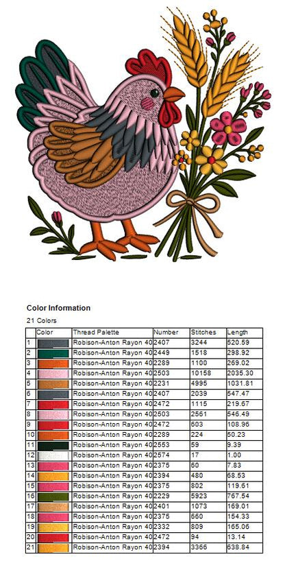 🐔🌸🌾 Cute Chicken With Flowers and Wheat – Filled Machine Embroidery Design 🌾🌸🐔