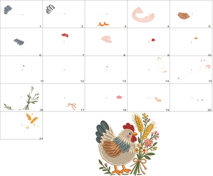 🐔🌸🌾 Cute Chicken With Flowers and Wheat – Filled Machine Embroidery Design 🌾🌸🐔