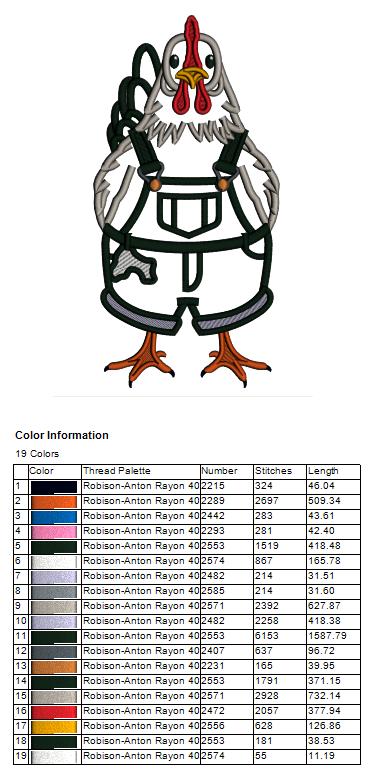 Rooster Farmer Wearing Overalls Appliqué Machine Embroidery Design Digitized Pattern