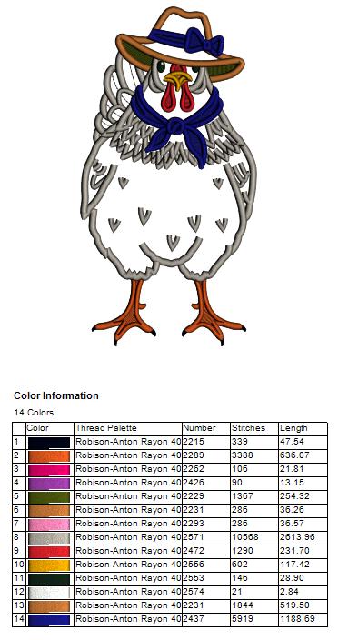 Chicken Wearing Large Hat Appliqué Machine Embroidery Design Digitized Pattern