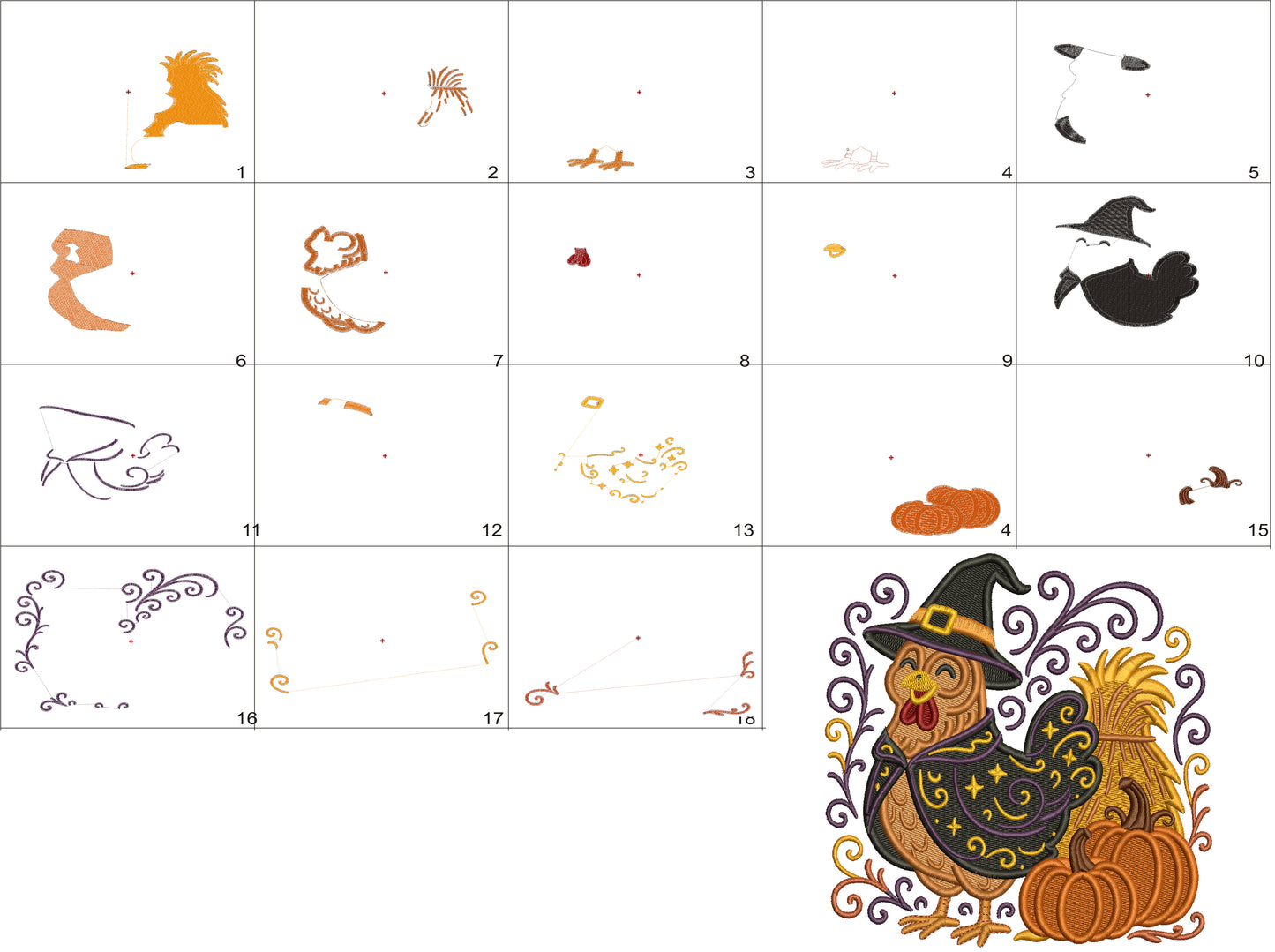 Halloween Chicken Witch Machine Embroidery Design - Filled Pattern