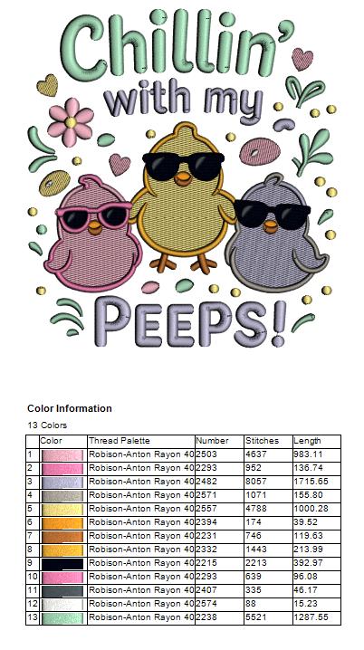 Chillin With My Peeps Three Little Chicks Easter Filled Machine Embroidery Design Digitized Pattern