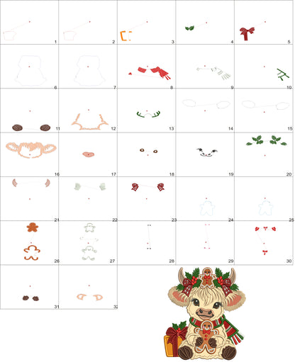 Highland Cow Christmas Machine Embroidery Design With Gingerbread Man and Present - Applique