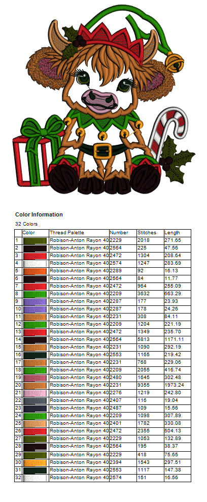 Highland Cow Christmas Machine Embroidery Design With Present and Candy Cane - Applique