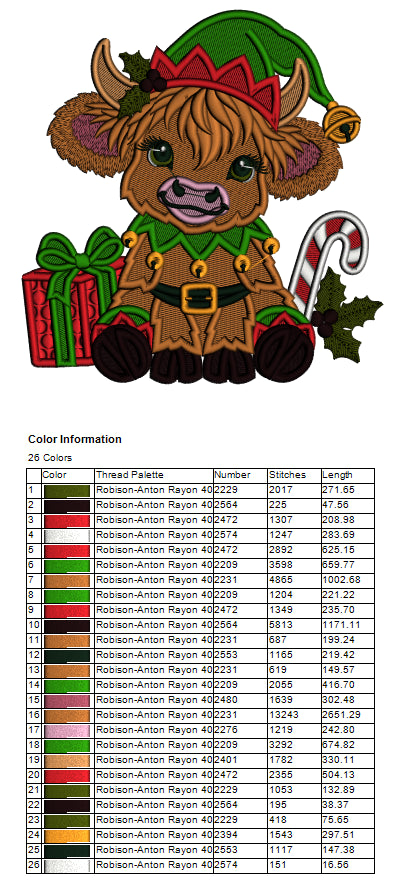 Highland Cow Christmas Machine Embroidery Design With Present and Candy Cane - Filled