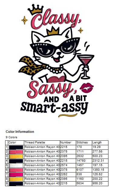 Classy, Sassy, and a Bit Smart-Assy Cute Cat Holding Martini Glass Filled Machine Embroidery Design Digitized Pattern