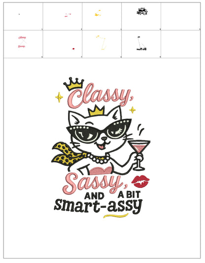 Classy, Sassy, and a Bit Smart-Assy Cute Cat Holding Martini Glass Filled Machine Embroidery Design Digitized Pattern