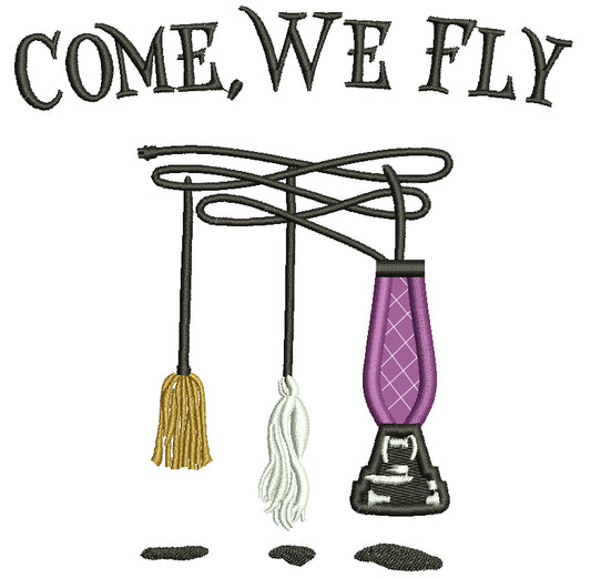 Come Fly With Me Broom And Vacuum Cleaner Halloween Applique Machine Embroidery Design Digitized Pattern