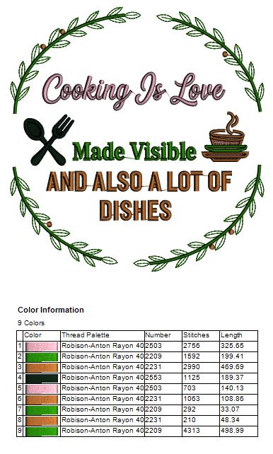 🍳❤️😂 Cooking Is Love Made Visible and Also a Lot of Dishes – Sarcastic Saying Filled Machine Embroidery Design
