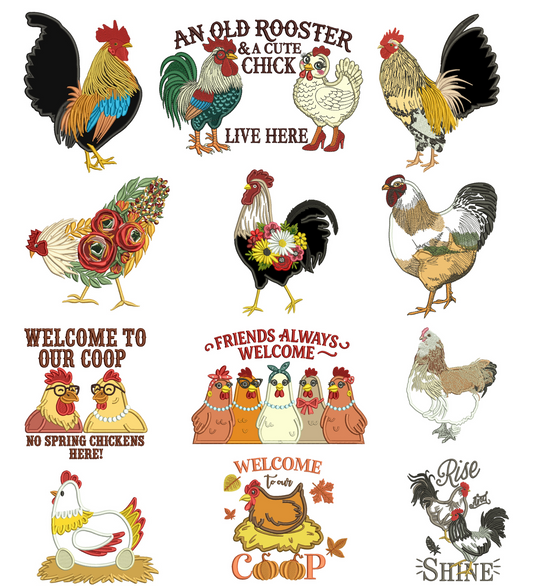 Chicken Rooster Machine Embroidery Designs Set - 24 Designs