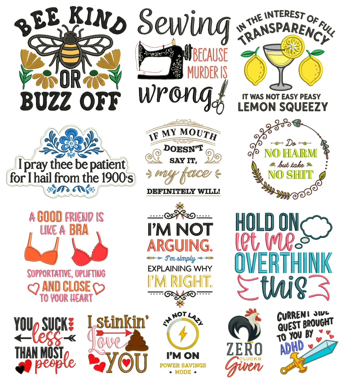 Sarcastic Sayings Machine Embroidery Designs Set 2 - 24 Designs