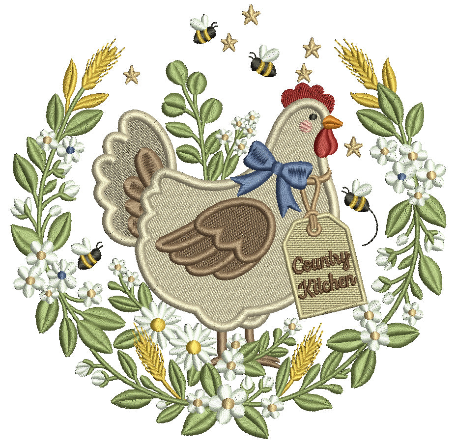 Country Chicken Wreath Filled Machine Embroidery Design Digitized Pattern