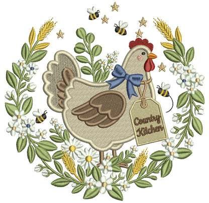 Country Chicken Wreath Filled Machine Embroidery Design Digitized Pattern