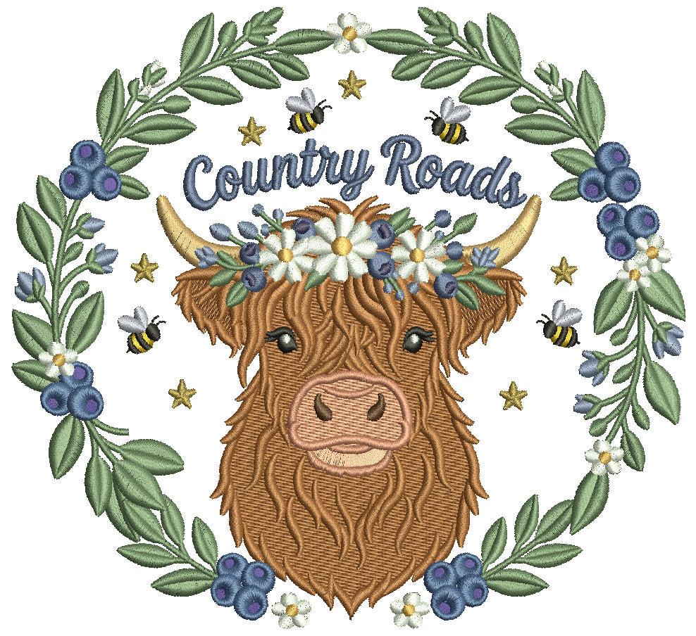 Country Roads Highland Cow Filled Machine Embroidery Design Digitized Pattern