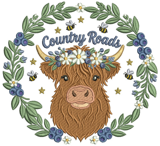 Country Roads Highland Cow Filled Machine Embroidery Design Digitized Pattern