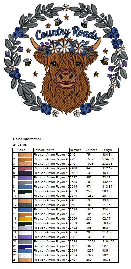 Country Roads Highland Cow Filled Machine Embroidery Design Digitized Pattern